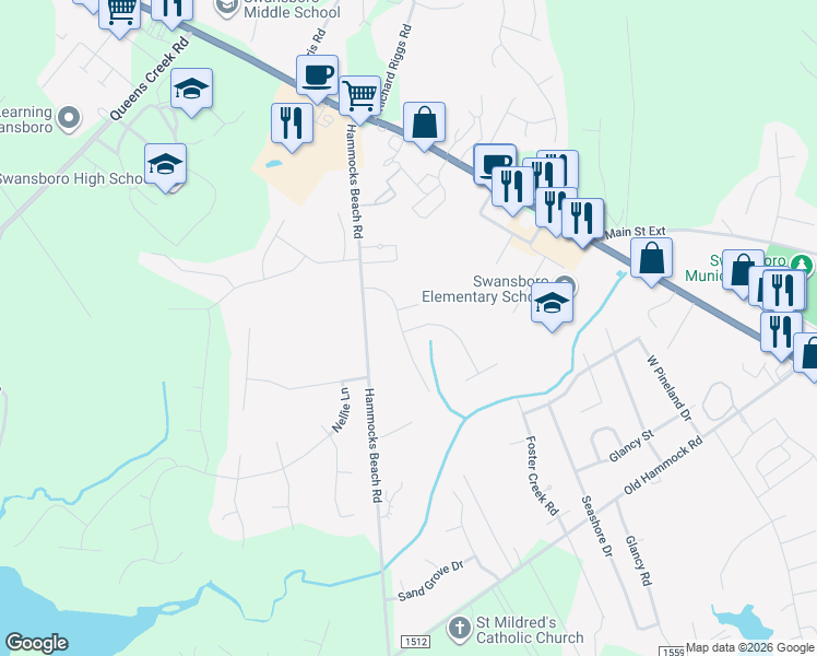 map of restaurants, bars, coffee shops, grocery stores, and more near 115 Forest Lane in Swansboro