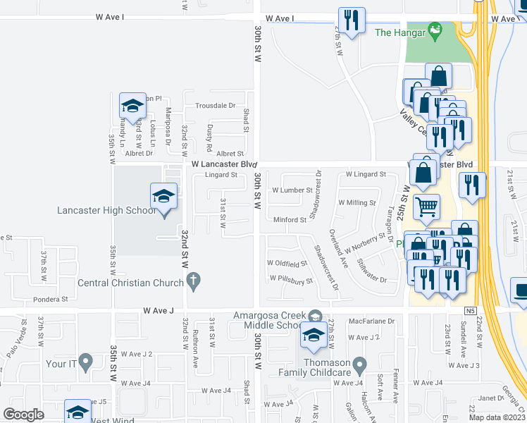 map of restaurants, bars, coffee shops, grocery stores, and more near 44643 Ranchwood Avenue in Lancaster