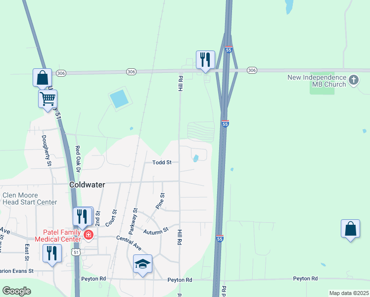 map of restaurants, bars, coffee shops, grocery stores, and more near 104 Flower Circle in Coldwater
