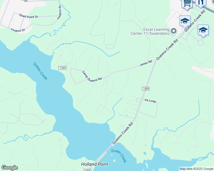 map of restaurants, bars, coffee shops, grocery stores, and more near Queens Harbor Drive in Swansboro