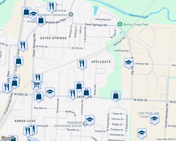 map of restaurants, bars, coffee shops, grocery stores, and more near 6001 Lyndell Drive in Little Rock