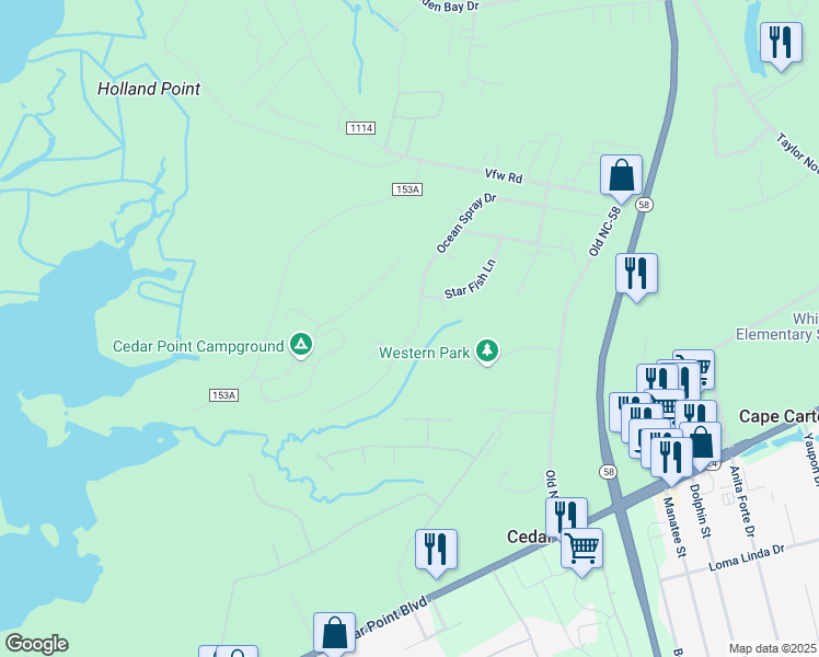 map of restaurants, bars, coffee shops, grocery stores, and more near 508 Ocean Spray Drive in Swansboro