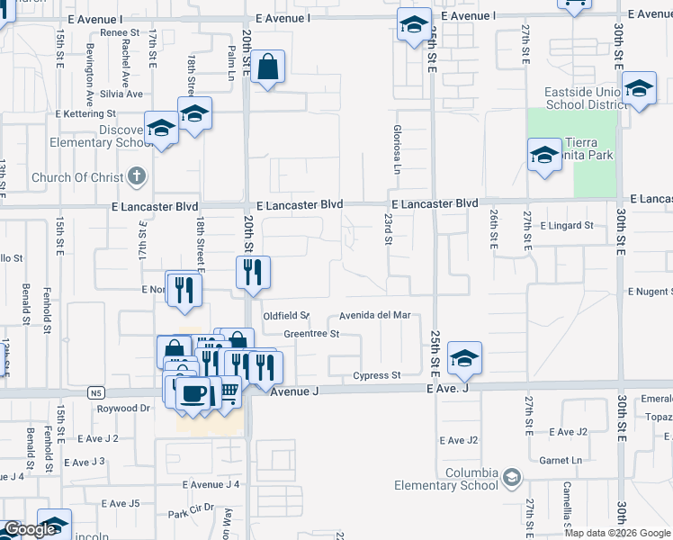 map of restaurants, bars, coffee shops, grocery stores, and more near 44640 Driftwood Street in Lancaster