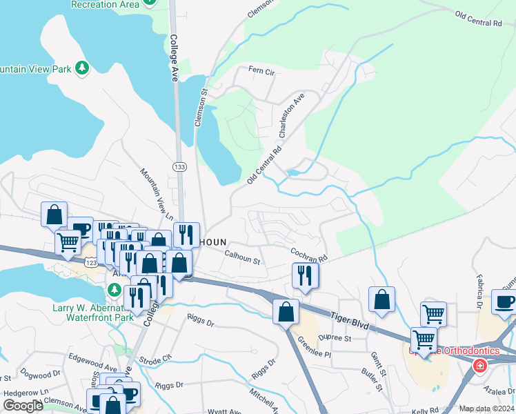 map of restaurants, bars, coffee shops, grocery stores, and more near 407 Lindsay Road in Clemson