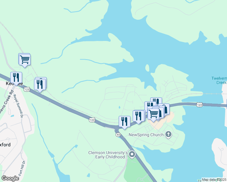 map of restaurants, bars, coffee shops, grocery stores, and more near 322 Harts Cove Way in Seneca