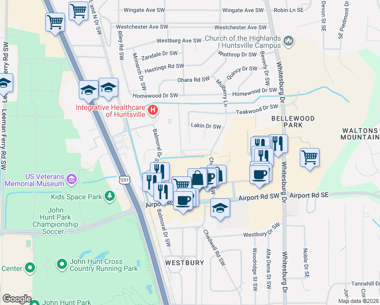 map of restaurants, bars, coffee shops, grocery stores, and more near 3504 Lakin Circle Southwest in Huntsville