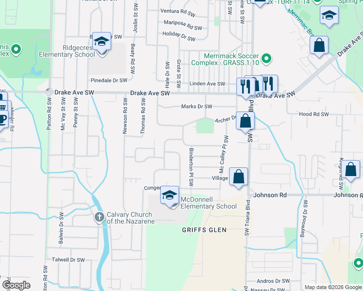 map of restaurants, bars, coffee shops, grocery stores, and more near 3402 Kennemore Drive Southwest in Huntsville