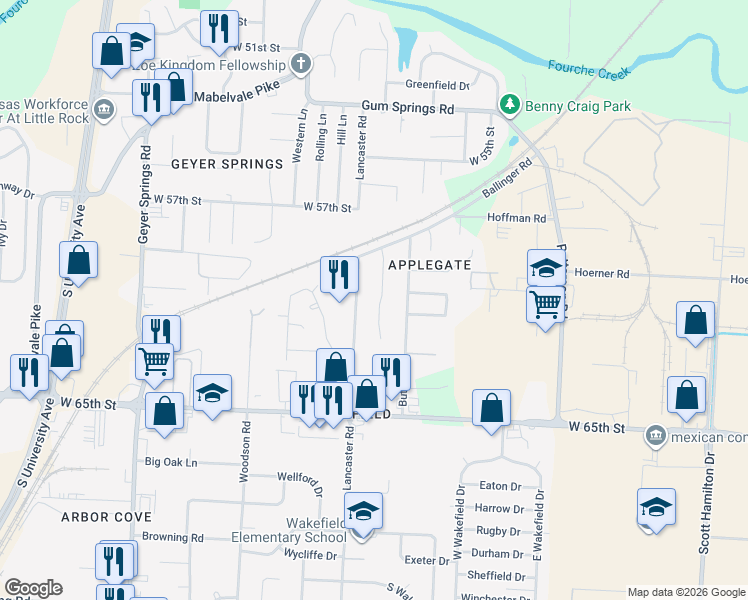 map of restaurants, bars, coffee shops, grocery stores, and more near 6001 Lyndell Drive in Little Rock