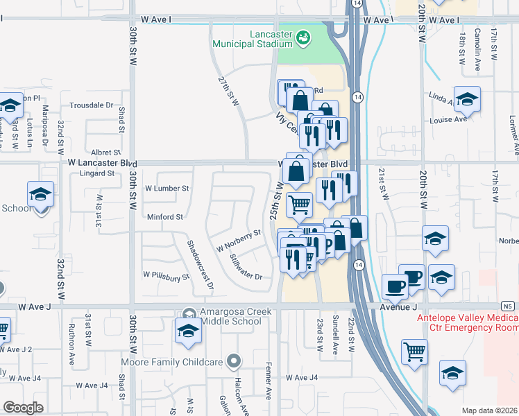 map of restaurants, bars, coffee shops, grocery stores, and more near 44710 Stonebridge Lane in Lancaster