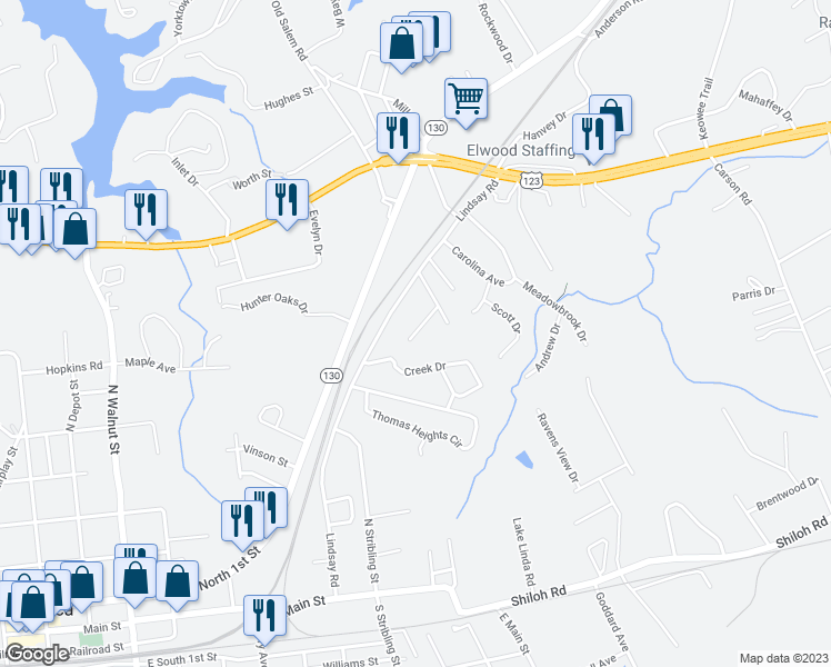 map of restaurants, bars, coffee shops, grocery stores, and more near 104 Oakway Drive in Seneca