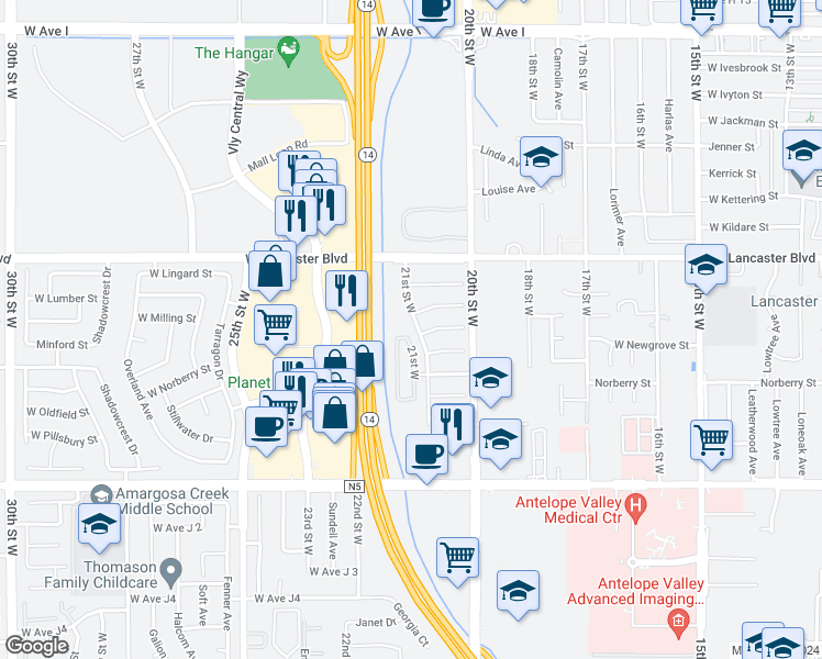 map of restaurants, bars, coffee shops, grocery stores, and more near 44655 21st Street West in Lancaster