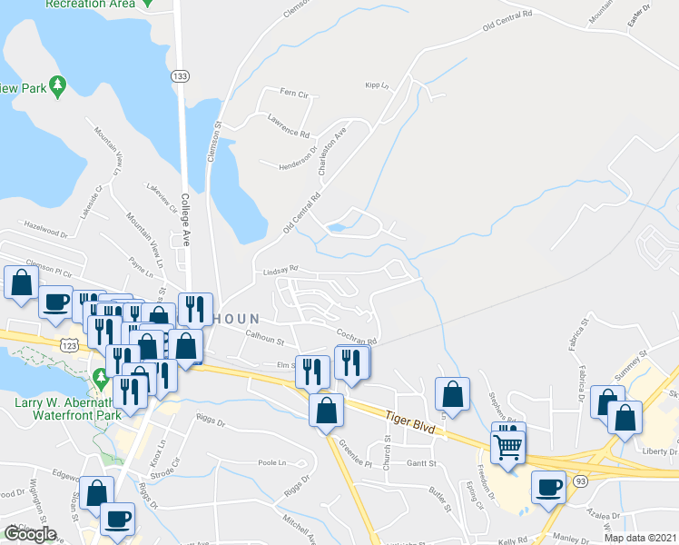 map of restaurants, bars, coffee shops, grocery stores, and more near 436 Lindsay Road in Clemson