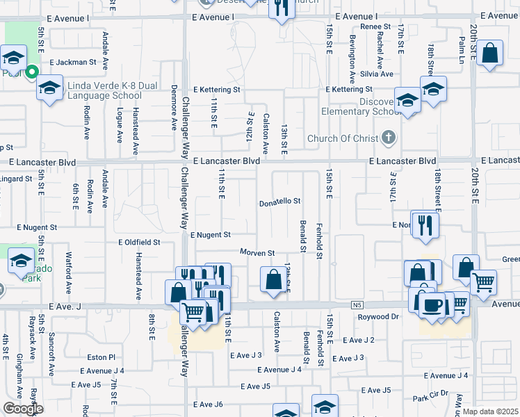 map of restaurants, bars, coffee shops, grocery stores, and more near 1204 Donatello Street in Lancaster