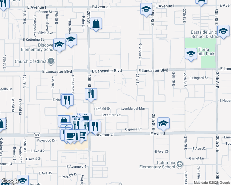 map of restaurants, bars, coffee shops, grocery stores, and more near 44641 Driftwood Street in Lancaster