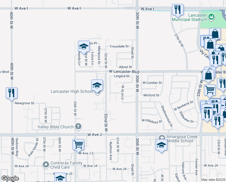 map of restaurants, bars, coffee shops, grocery stores, and more near 3137 Sonoran Street in Lancaster