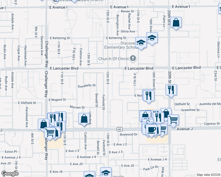 map of restaurants, bars, coffee shops, grocery stores, and more near 44641 Foxboro Court in Lancaster
