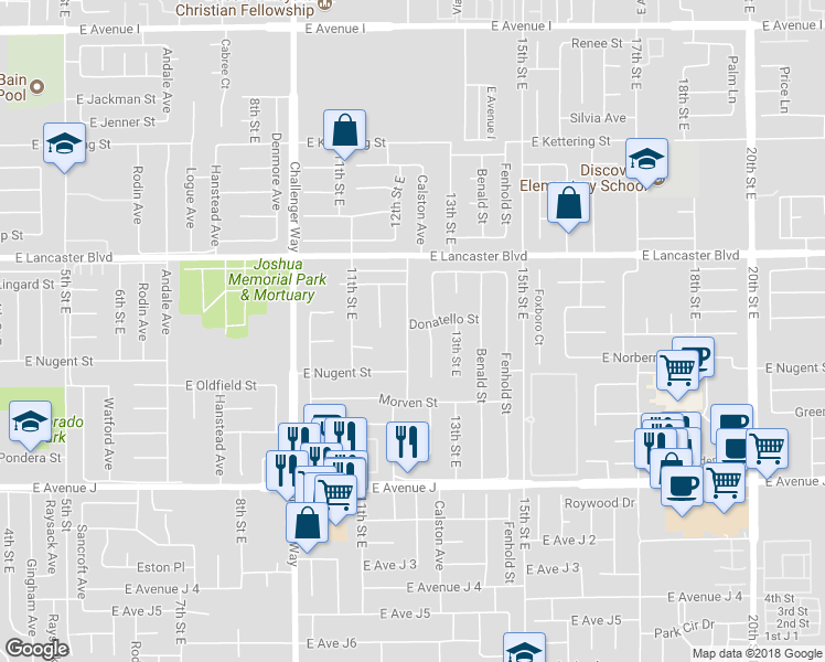 map of restaurants, bars, coffee shops, grocery stores, and more near 1204 Donatello Street in Lancaster