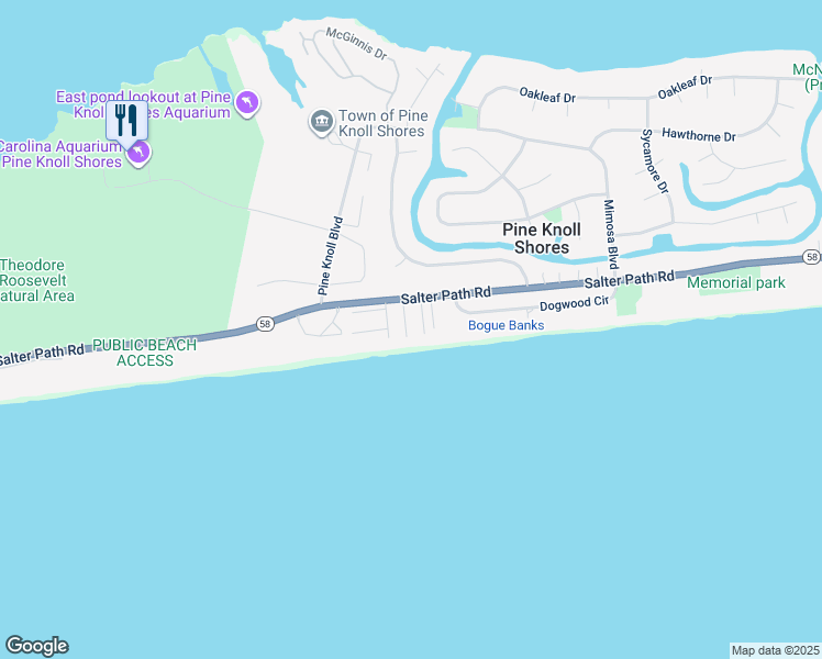 map of restaurants, bars, coffee shops, grocery stores, and more near 277 Salter Path Road in Pine Knoll Shores