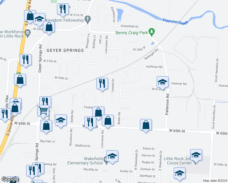map of restaurants, bars, coffee shops, grocery stores, and more near 6013 Lyndell Drive in Little Rock