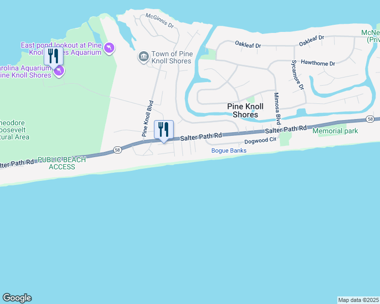 map of restaurants, bars, coffee shops, grocery stores, and more near 277 Salter Path Road in Pine Knoll Shores
