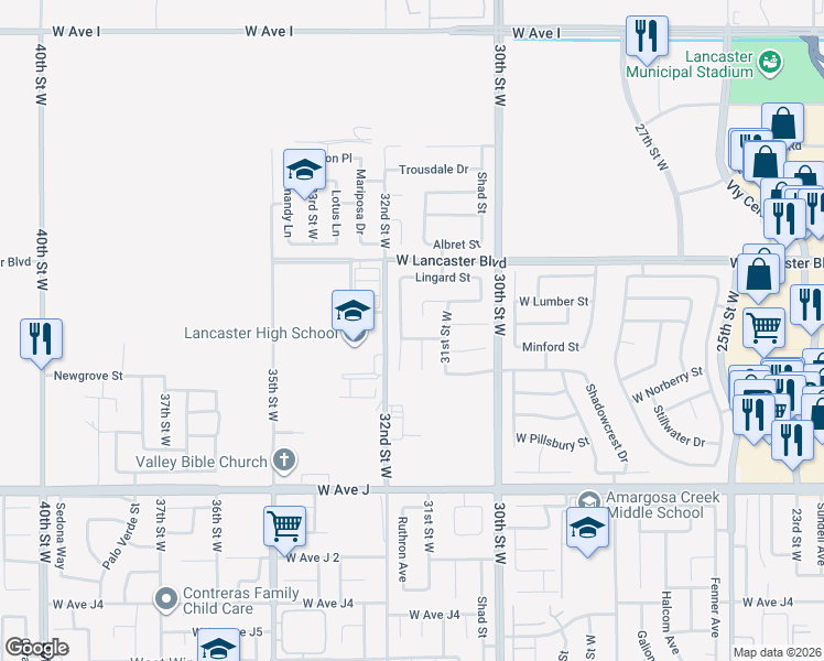 map of restaurants, bars, coffee shops, grocery stores, and more near 3137 Sonoran Street in Lancaster