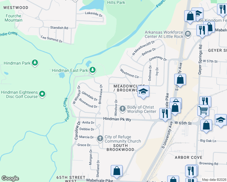 map of restaurants, bars, coffee shops, grocery stores, and more near 89 South Meadowcliff Drive in Little Rock