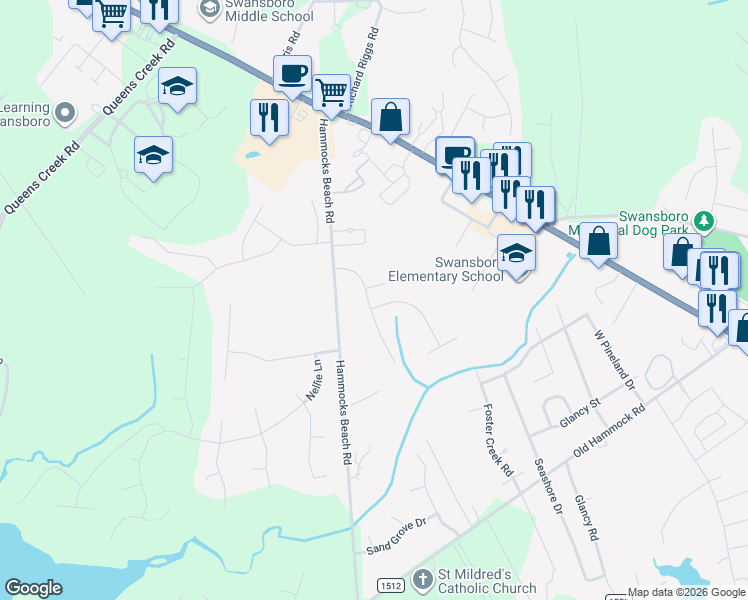 map of restaurants, bars, coffee shops, grocery stores, and more near 201 Brook Crossing Road in Swansboro