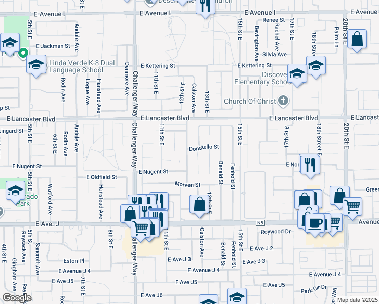 map of restaurants, bars, coffee shops, grocery stores, and more near 1204 Donatello Street in Lancaster