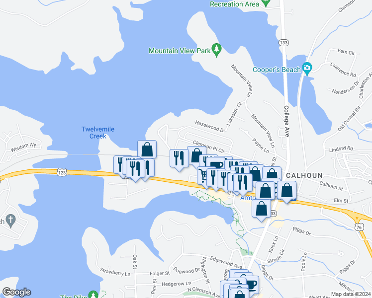 map of restaurants, bars, coffee shops, grocery stores, and more near 250 Elm Street in Clemson