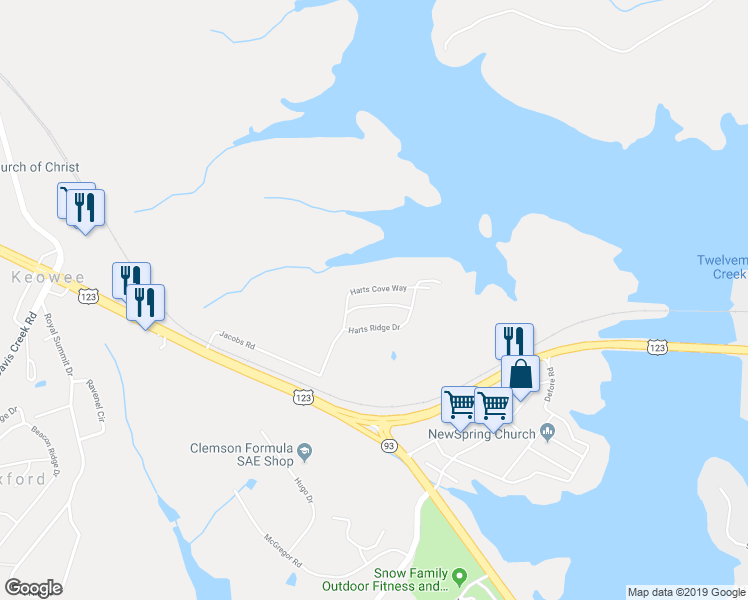map of restaurants, bars, coffee shops, grocery stores, and more near 322 Harts Cove Way in Seneca