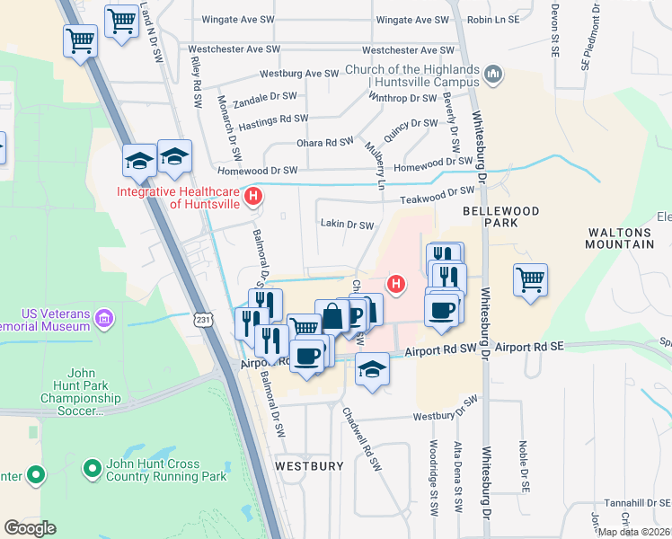 map of restaurants, bars, coffee shops, grocery stores, and more near 3504 Lakin Circle Southwest in Huntsville
