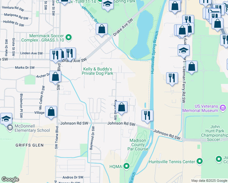 map of restaurants, bars, coffee shops, grocery stores, and more near 4002 Knight Road Southwest in Huntsville