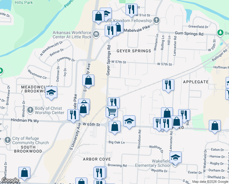 map of restaurants, bars, coffee shops, grocery stores, and more near 5808 Hutsell Road in Little Rock