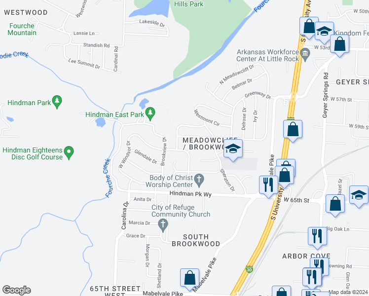 map of restaurants, bars, coffee shops, grocery stores, and more near 89 South Meadowcliff Drive in Little Rock