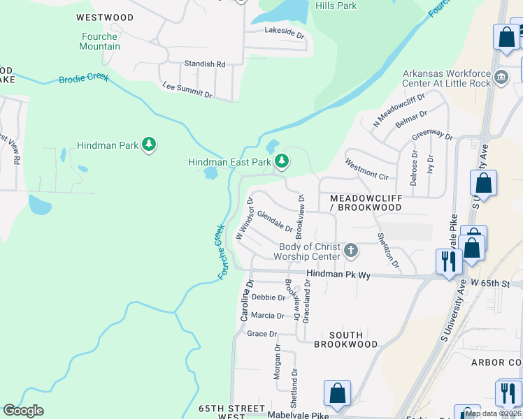 map of restaurants, bars, coffee shops, grocery stores, and more near 29 West Windsor Drive in Little Rock
