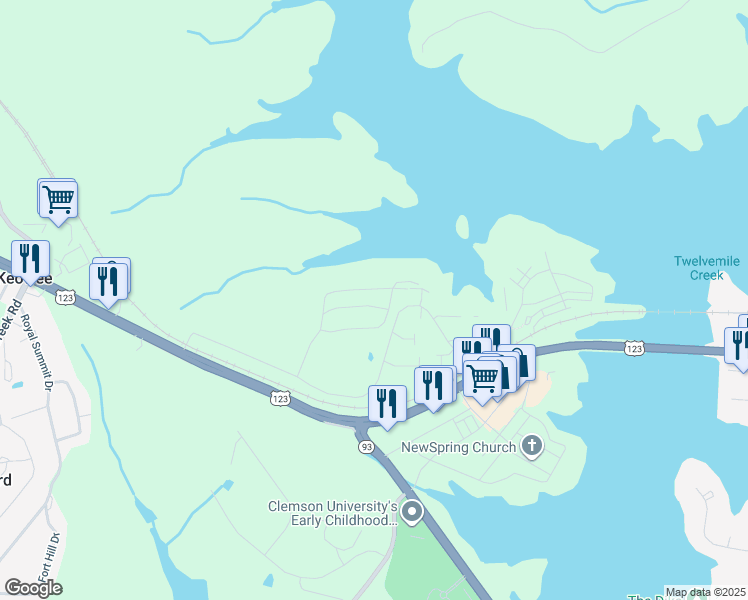 map of restaurants, bars, coffee shops, grocery stores, and more near 1012 Harts Cove Way in Seneca