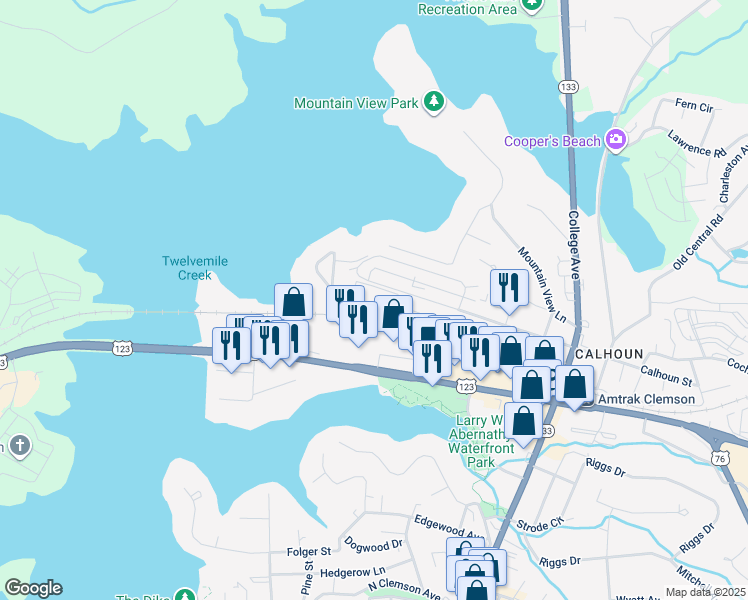 map of restaurants, bars, coffee shops, grocery stores, and more near 250 Elm Street in Clemson