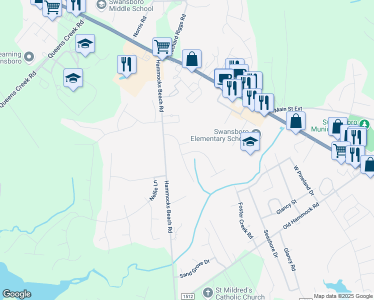 map of restaurants, bars, coffee shops, grocery stores, and more near 203 Brook Crossing Road in Swansboro