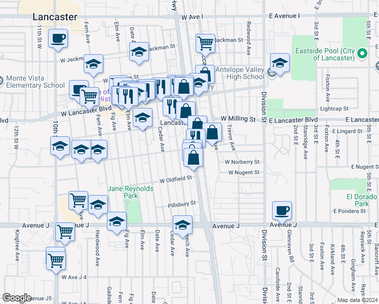 map of restaurants, bars, coffee shops, grocery stores, and more near 44663 Sierra Highway in Lancaster