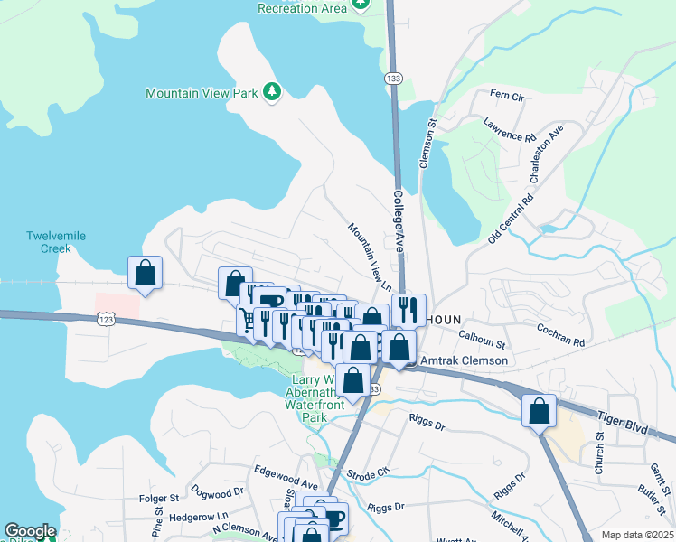 map of restaurants, bars, coffee shops, grocery stores, and more near 111 College Street in Clemson