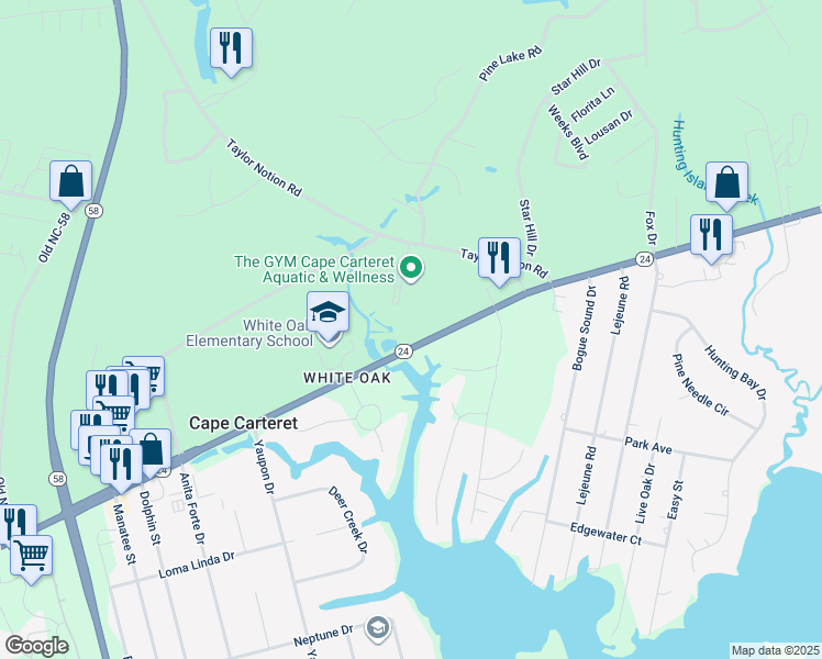 map of restaurants, bars, coffee shops, grocery stores, and more near 701 WB McLean Drive in Cape Carteret