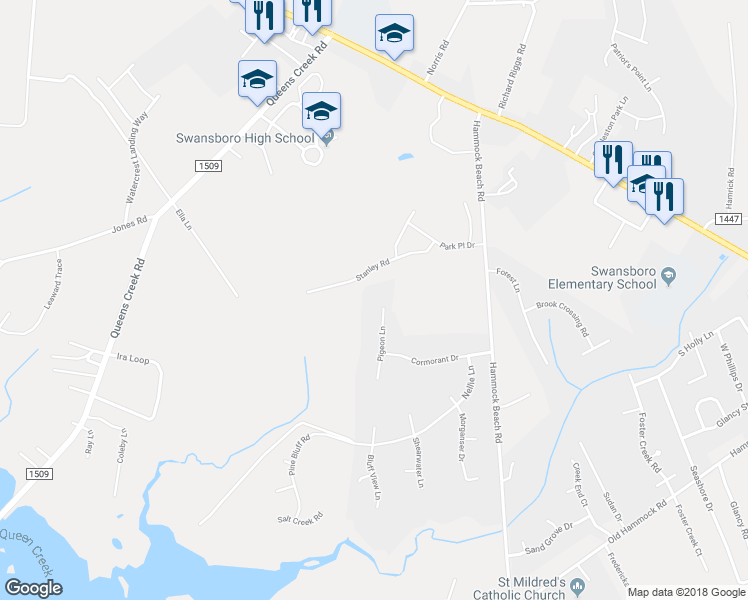 map of restaurants, bars, coffee shops, grocery stores, and more near 216 Pigeon Lane in Swansboro