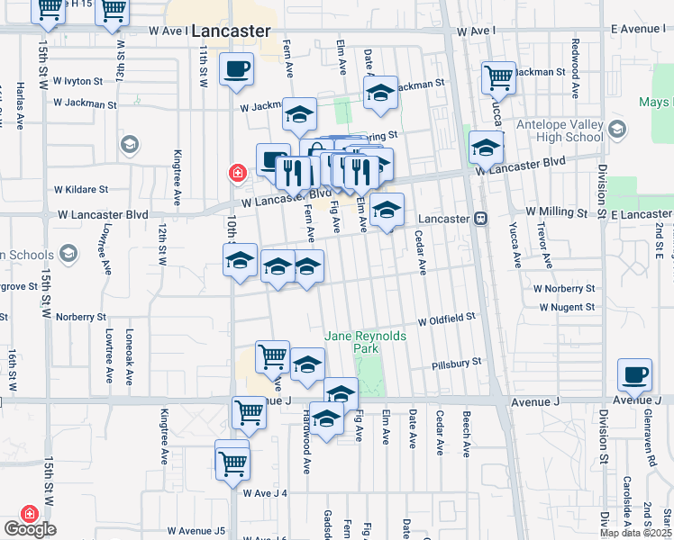 map of restaurants, bars, coffee shops, grocery stores, and more near 44715 Fig Avenue in Lancaster