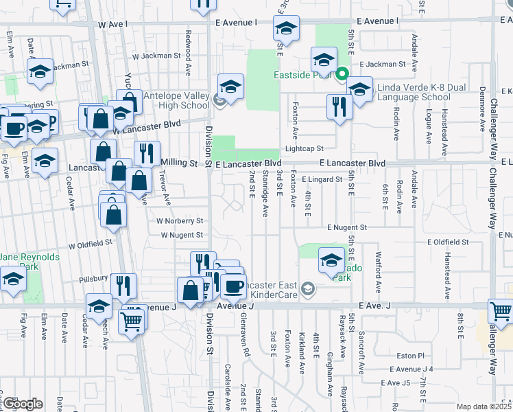 map of restaurants, bars, coffee shops, grocery stores, and more near 44650 2nd Street East in Lancaster