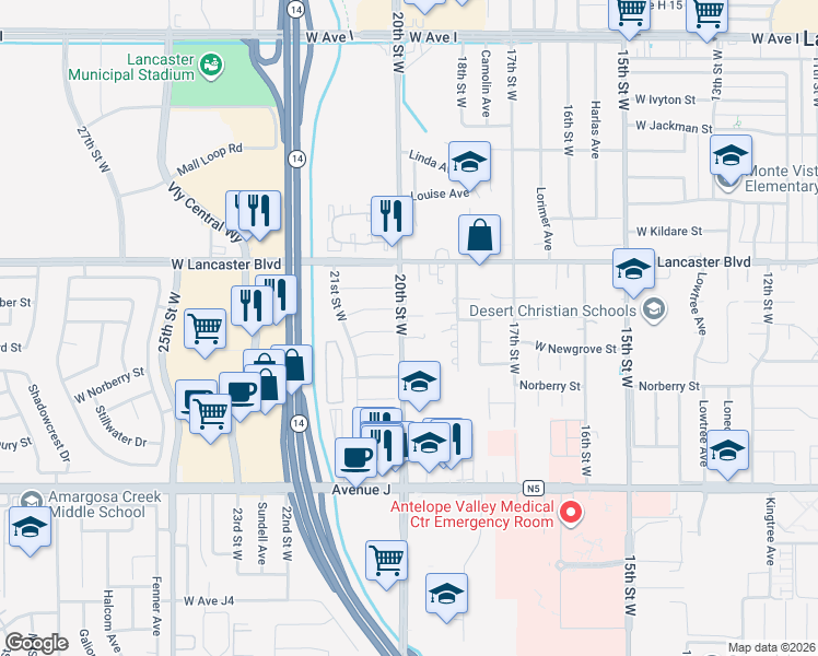 map of restaurants, bars, coffee shops, grocery stores, and more near 44654 20th Street West in Lancaster
