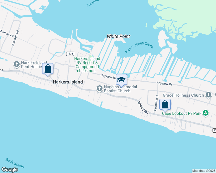 map of restaurants, bars, coffee shops, grocery stores, and more near 175 Nelson Street in Harkers Island