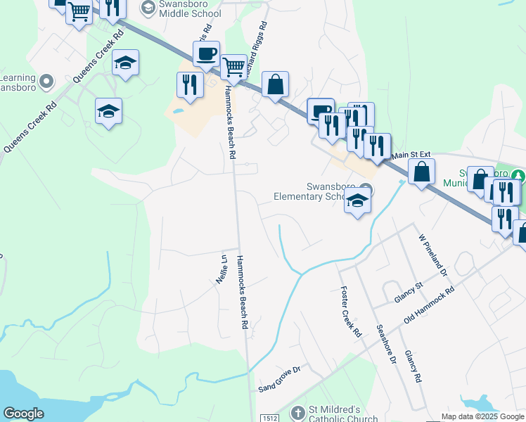 map of restaurants, bars, coffee shops, grocery stores, and more near 201 Brook Crossing Road in Swansboro