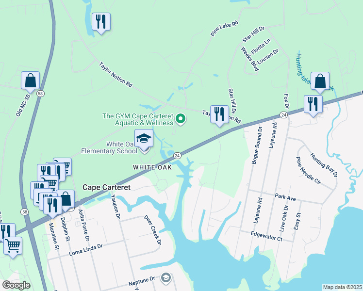 map of restaurants, bars, coffee shops, grocery stores, and more near 701 WB McLean Drive in Cape Carteret