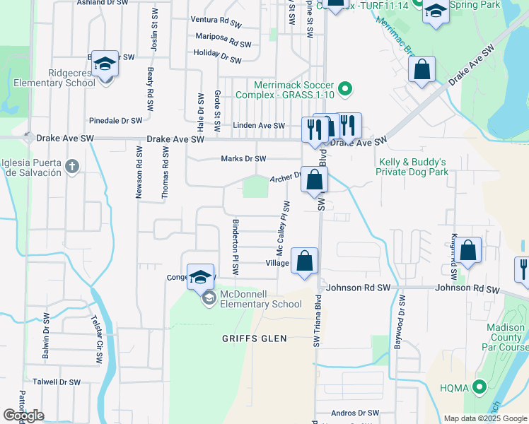 map of restaurants, bars, coffee shops, grocery stores, and more near 3308 Wilks Place Southwest in Huntsville