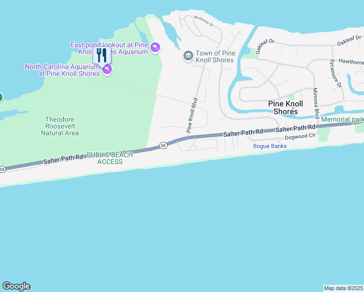 map of restaurants, bars, coffee shops, grocery stores, and more near 301 Pine Knoll Circle in Pine Knoll Shores